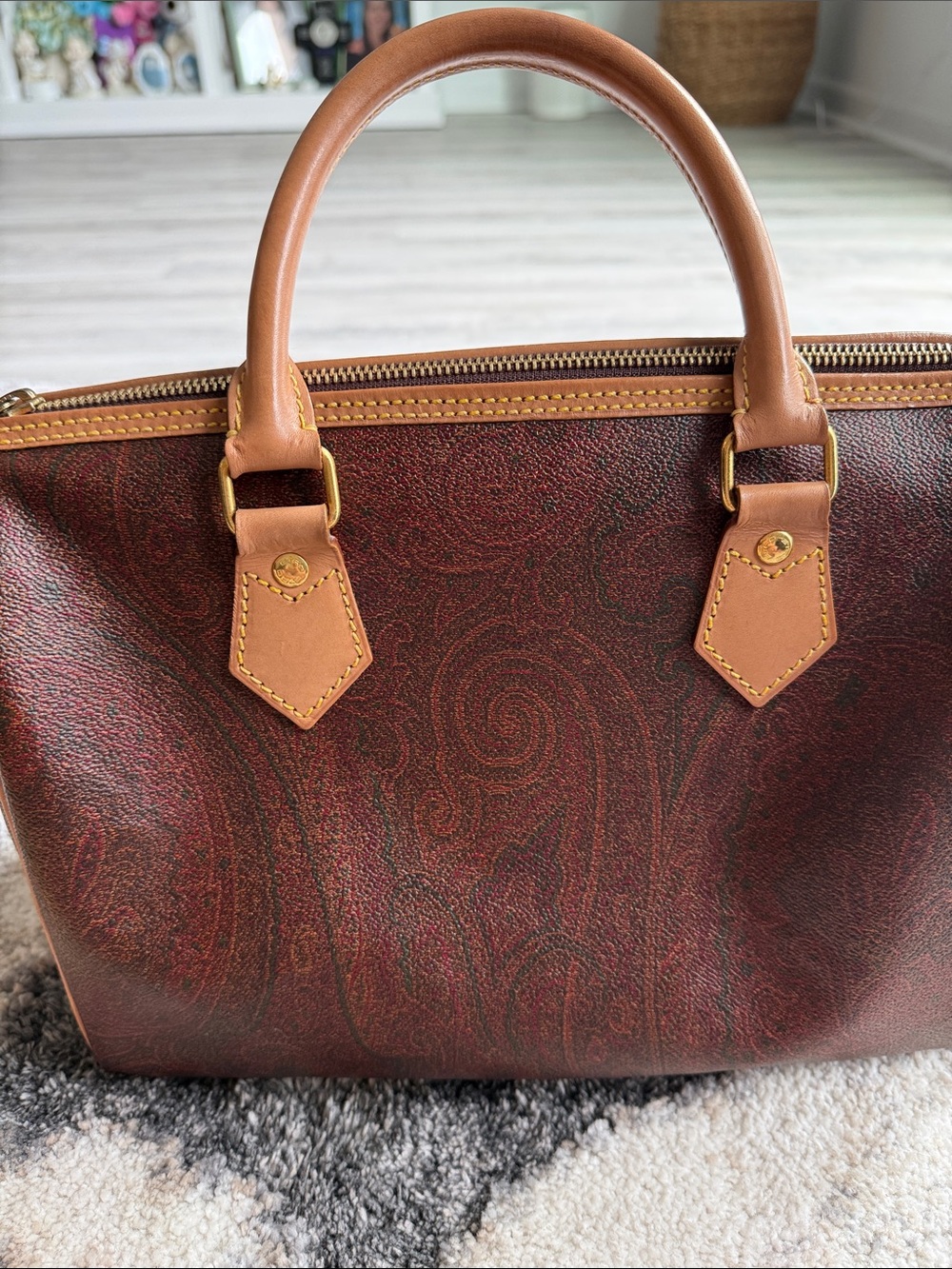 Etro Dark Brown Leather Satchel with Tan Handles - Picture 4 of 16